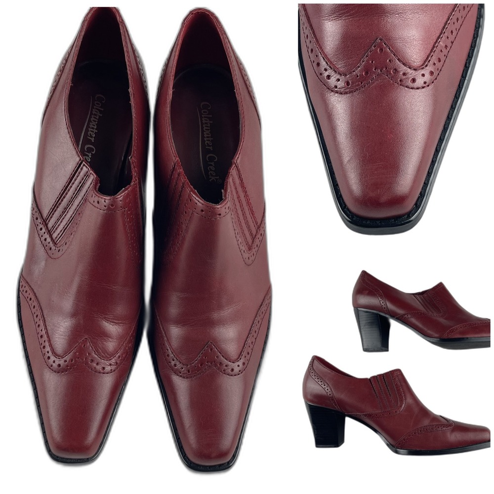 Coldwater Creek Women's Burgundy Leather Wingtip Block Heel Ankle Booties‎ 9.5M
